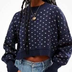 NWT Women L Free People Oversized Blue White Print Cropped Pullover Sweater
